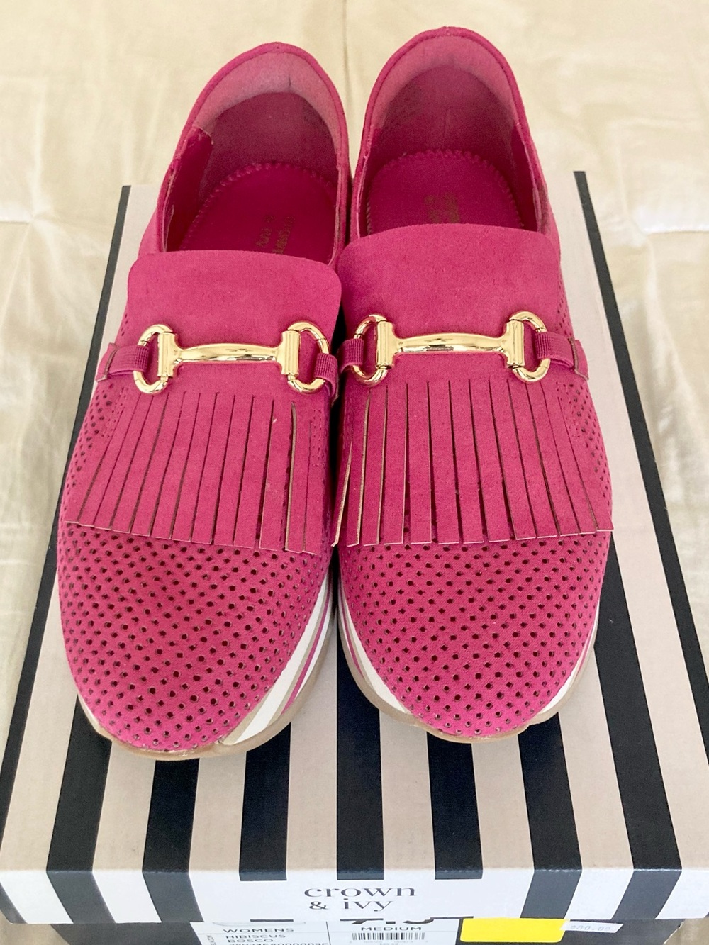 Crown & Ivy Bright Fuchsia Suede Fringe Loafers with Gold Accent